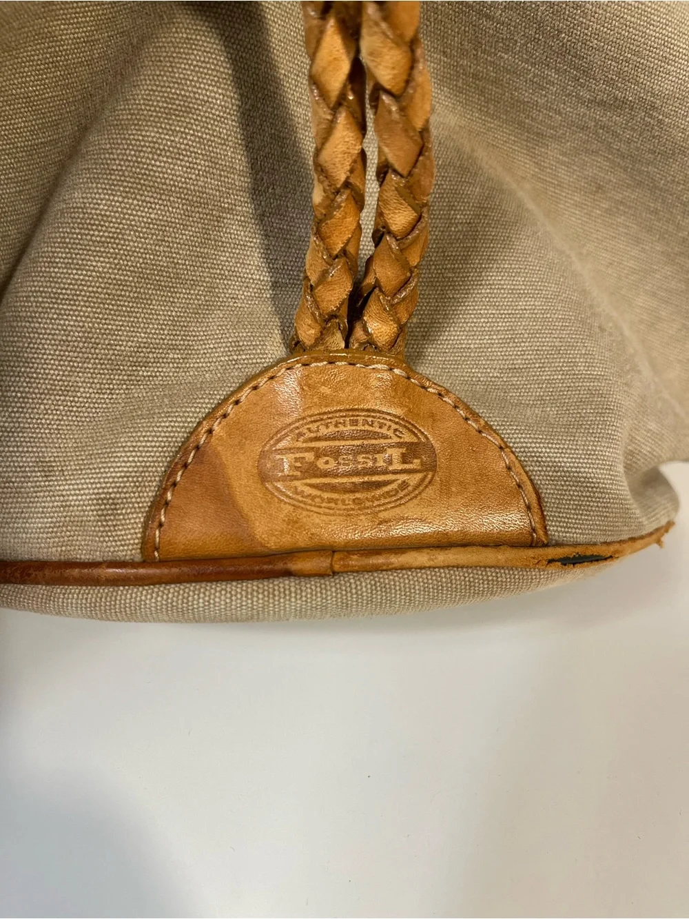Vintage Fossil Canvas Bucket Backpack Purse Woven Leather Pattern - Picture 4 of 12